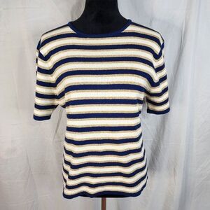 Vtg PATCHINGTON‎ Size Medium Gold & Navy Striped Short Sleeve Crew Neck Sweater